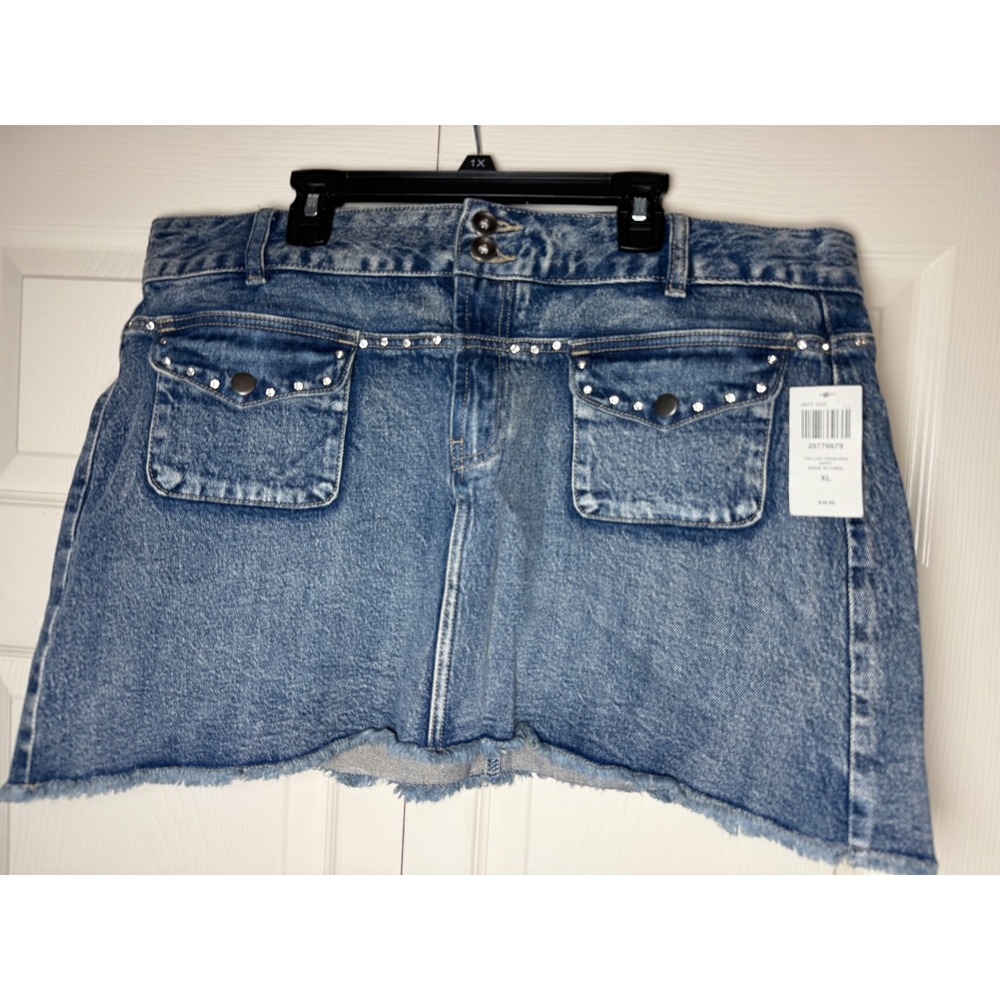 Social Collision Y2K Low Rise Denim Mini Skirt XL Skull Cross Rhinestone Blue